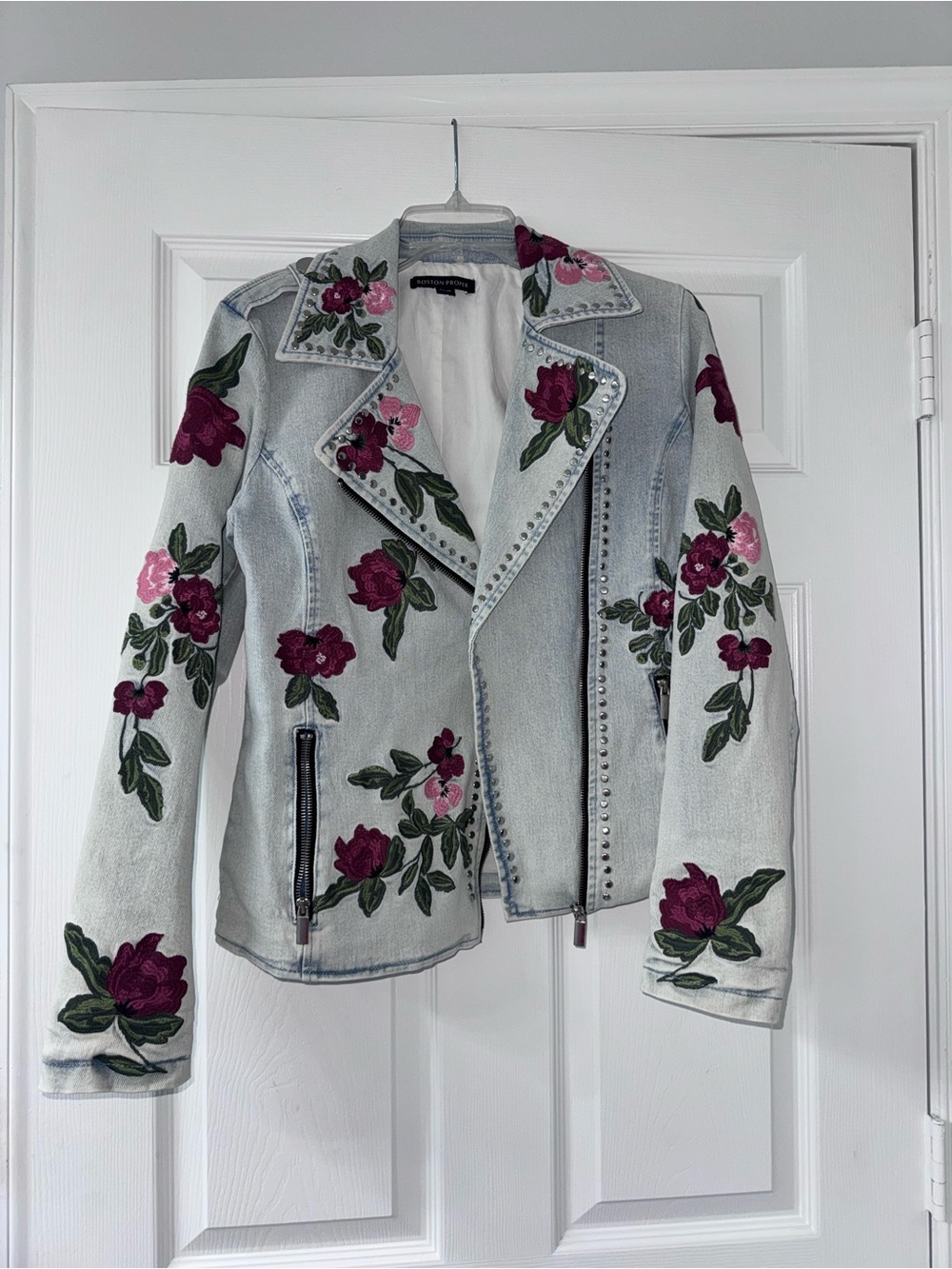 Boston Proper floral embroidered and studded light-wash denim moto jacket